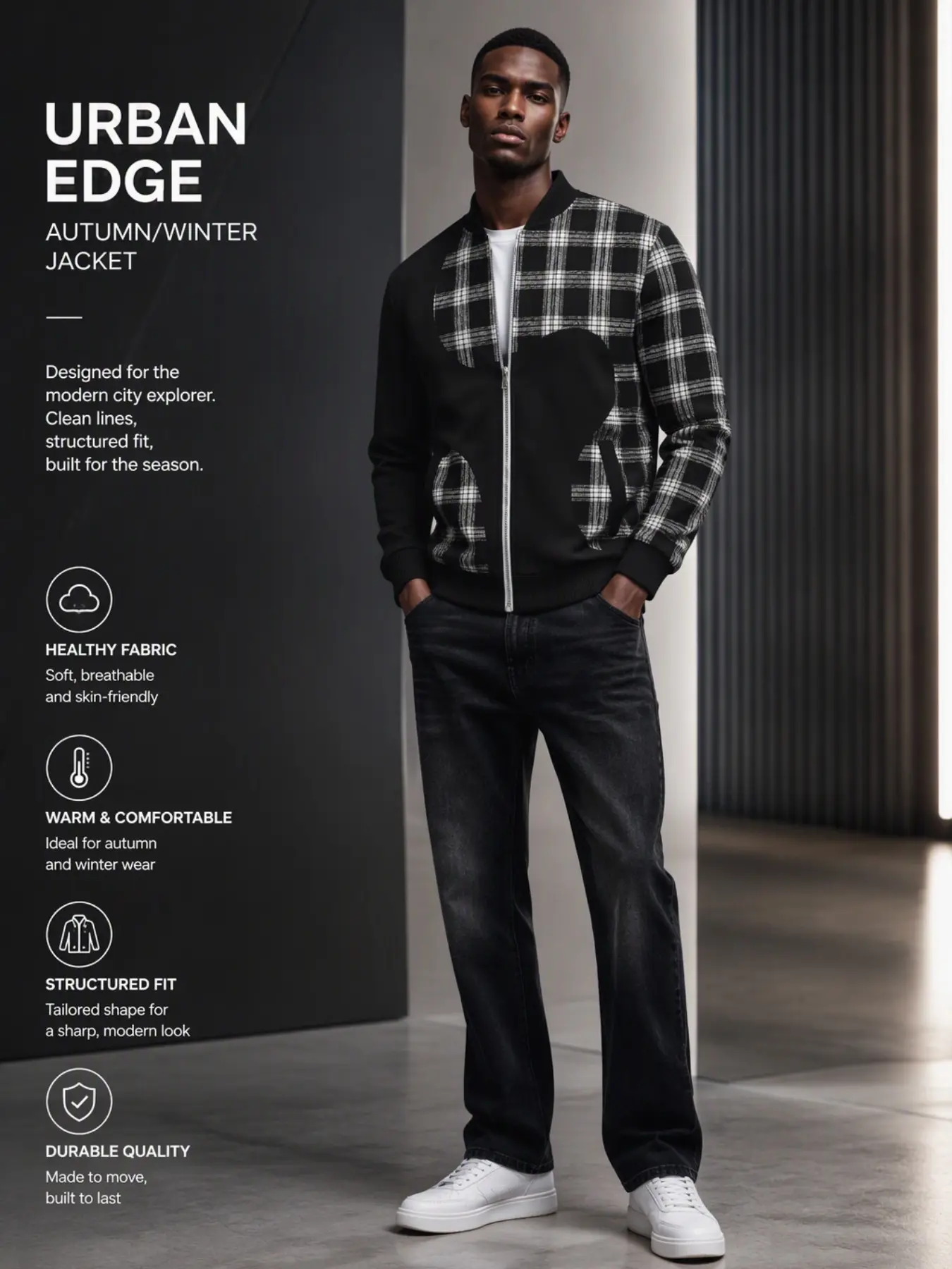 Men’s plaid patchwork full-zip bomber jacket, retro heart print baseball collar sports jacket, streetwear fall/winter outerwear