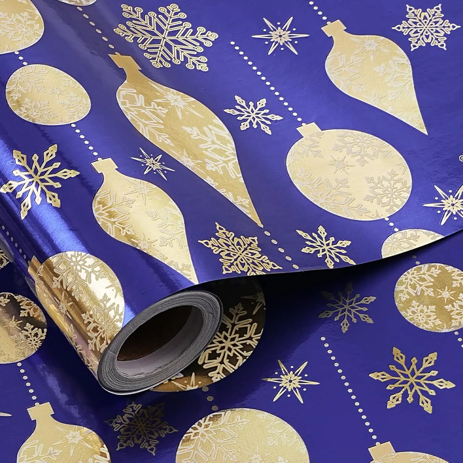 Christmas Wrapping Paper Roll, Blue  Foil Ornaments Snowflakes Design, Shiny Metallic  Wrap for Holiday, Winter,  Year, Family, ,  Decor, Mini Roll 17 in x 16.4 Ft