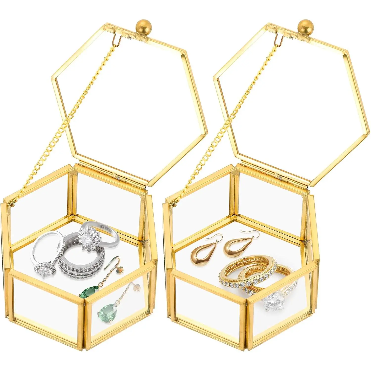 2 Pack   Hexagonal Transparent  Box, 3.1 x 2.5 x 1.7 Glass  Box for Display, Decorative, Trinket Box for Rings, Earrings, Keepsakes, Clear Glass  Display Case