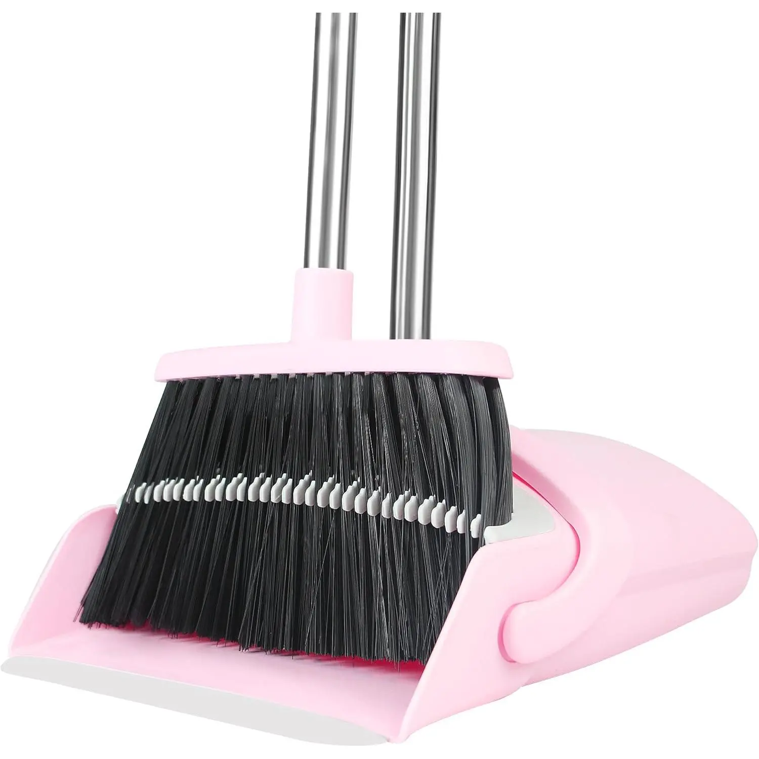 Pink Broom and Dustpan Set for Home, 52-in Long Handle Broom with Dustpan Combo with Dustpan Teeth Easy to Scrape Off Pet Hair, Indoor&Outdoor Sweeping(Pink)