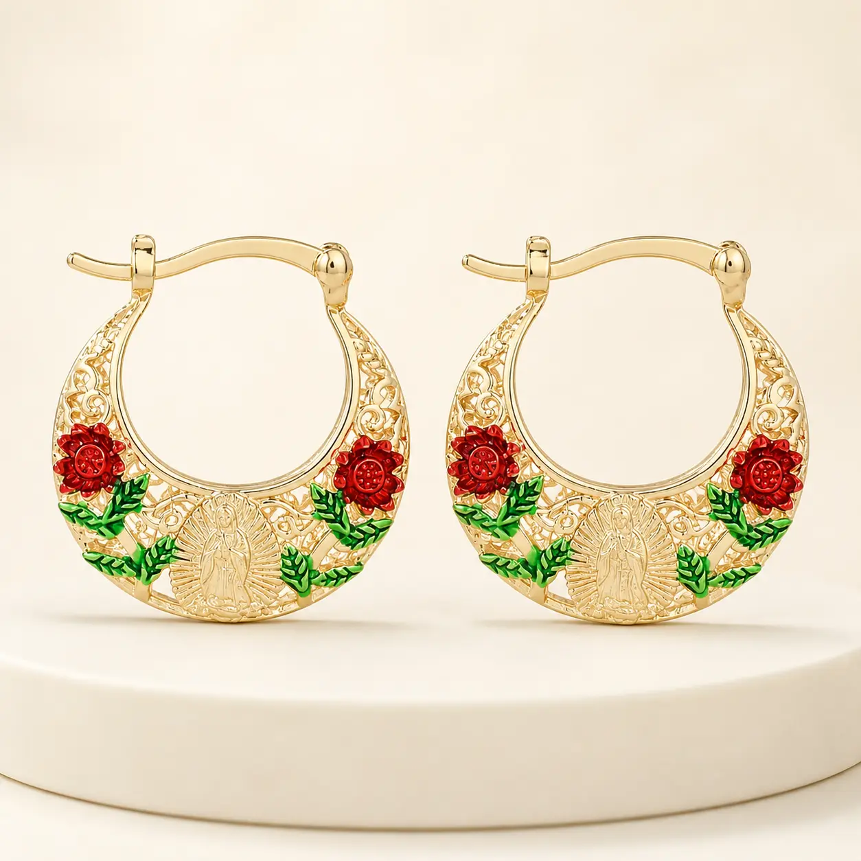 Women's Our Lady of Guadalupe Hoop Earrings, Gold-Tone Openwork Virgin Mary Earrings with Red Enamel Roses, Religious Jewelry Gift