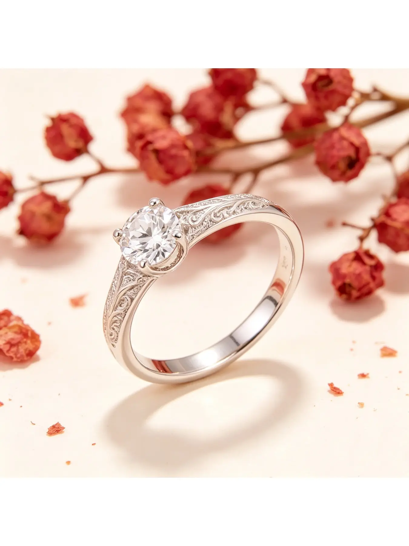 Six Prong Round Diamond Butterfly Wing Paved Engraved Silver Engagement Ring, Bridal Ring, Romantic Soft Gift for Women, Full Leaf Textured Band for Everyday Wear, Perfect for Valentine Dates, Christmas Parties and Outdoor Proposal Scenes