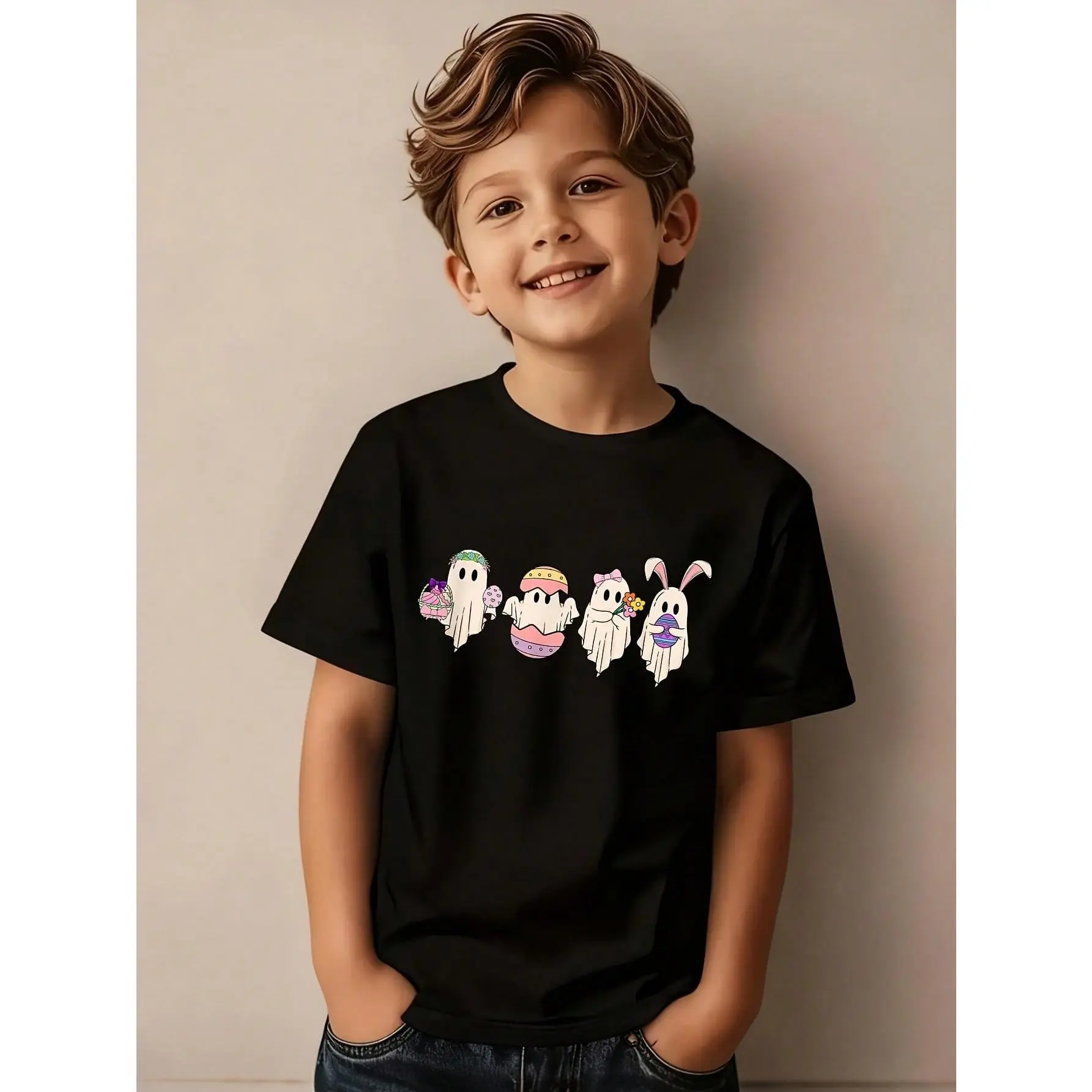 Kids' Casual Easter Print T-Shirt, Regular Fit Polyester Short Sleeve Tops with Round Neck for Everyday Wear, Prop 65 Safe, All Seasons