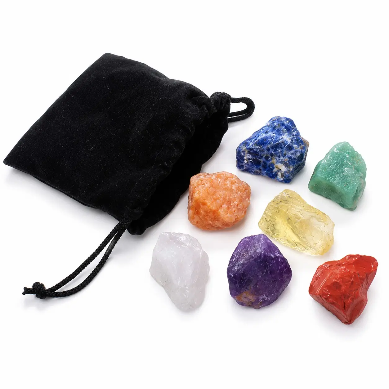 7Pcs Natural Rough Crystal Stones Set, Mixed Color Gemstone Rocks 2-3cm with Velvet Pouch for Home Decor DIY Crafts Gift Display
