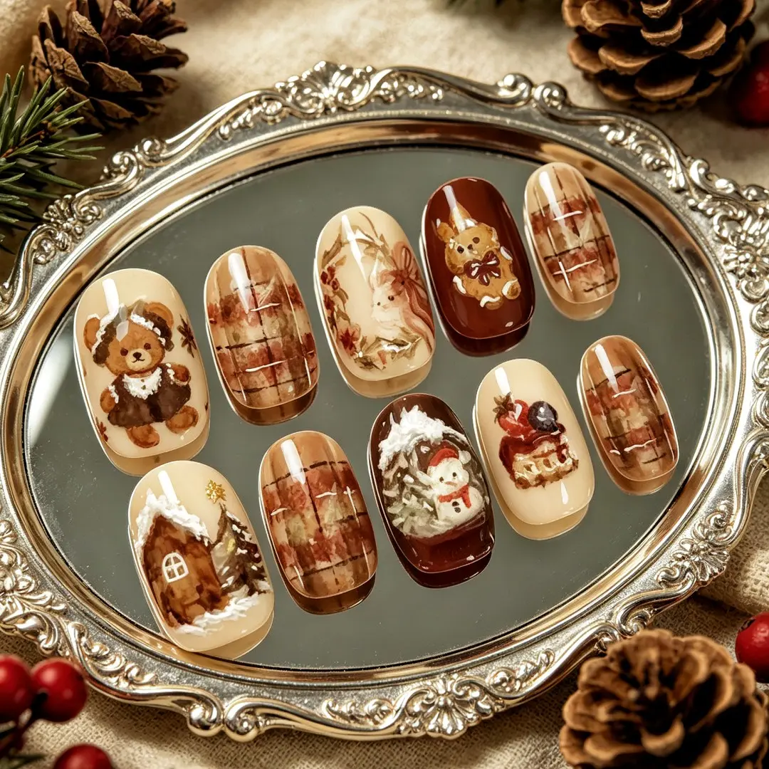 Vintage oval Christmas-themed press-on nails with hand-painted Santa-Claus and winter-scene prints plus fine glitter, Nail decoration, Festive reusable false-nails fit Christmas parties, holiday trips, equipped with jelly glue and nail file