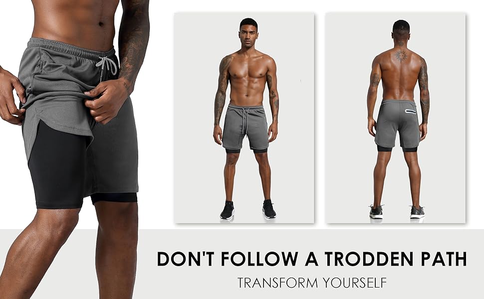 Men's 2 in 1 7" Workout Running Shorts Lightweight Training Yoga Gym with Zipper Pockets