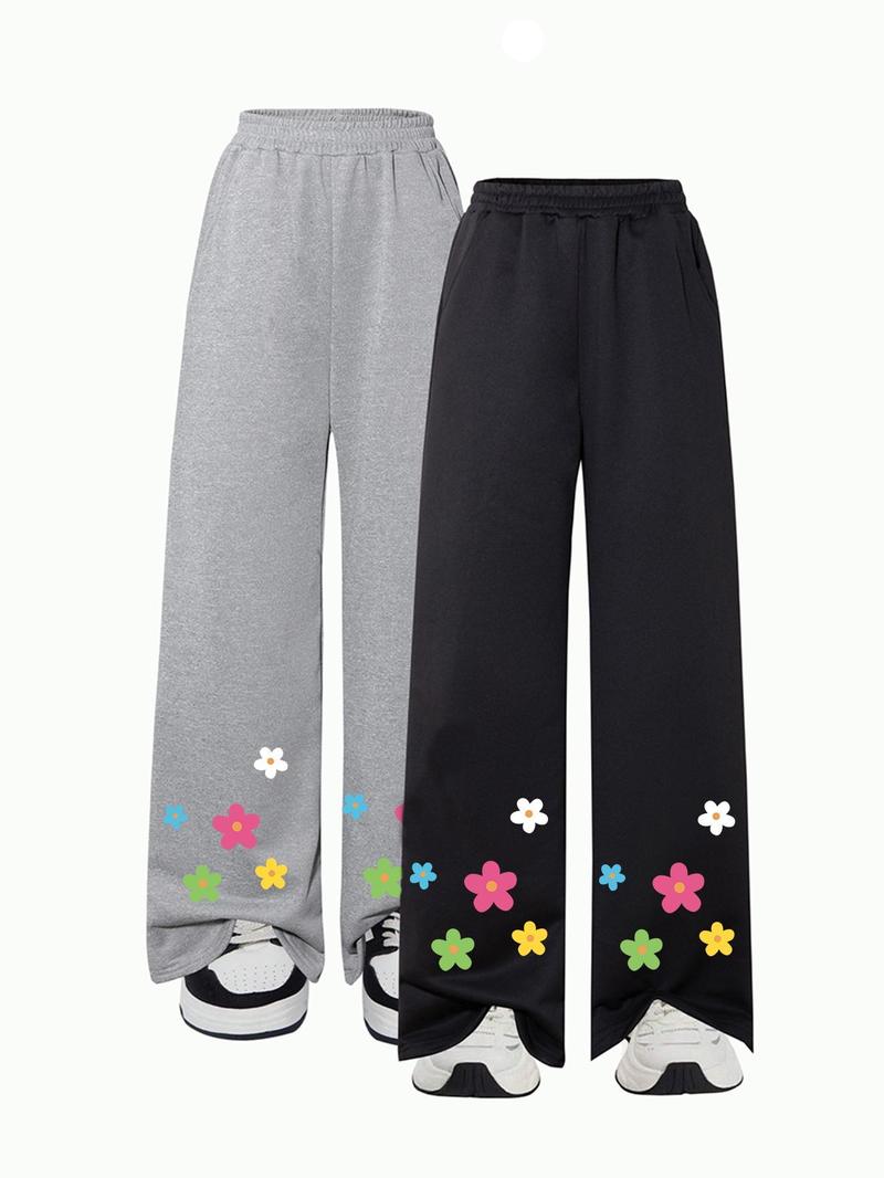 Girl's Floral Print Sweatpants, Casual Comfy Trousers for Daily Wear, Kids Bottoms for All Seasons, Graphic Pants