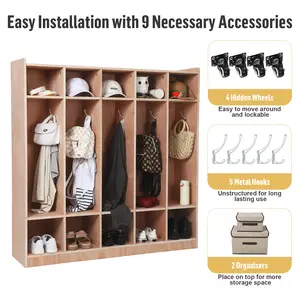 5-Section Kids Cubby Locker Organizer - Wooden Storage Cabinet with 10 Cubbies, 5 Hooks, 2 Storage Bins, Wheels, Anti-tip Kit - Mobile Daycare & Study Area Entryway Furniture - Natural Wood Finish, 48" Tall