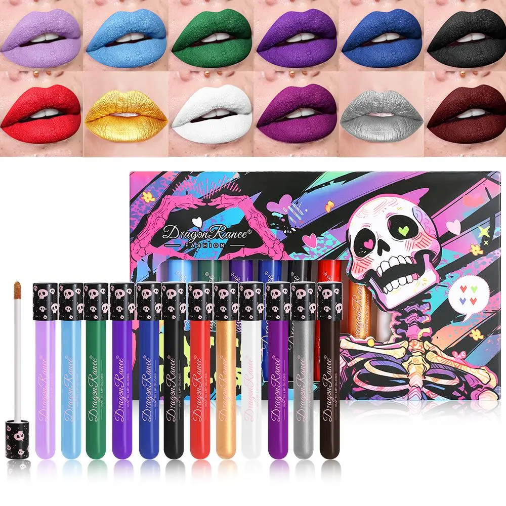Dragon Ranee 12 Color Matte Lip Gloss Set, Gothic Halloween Makeup, Long-Lasting Deep Shade Lipstick, Festival Party Gift Box