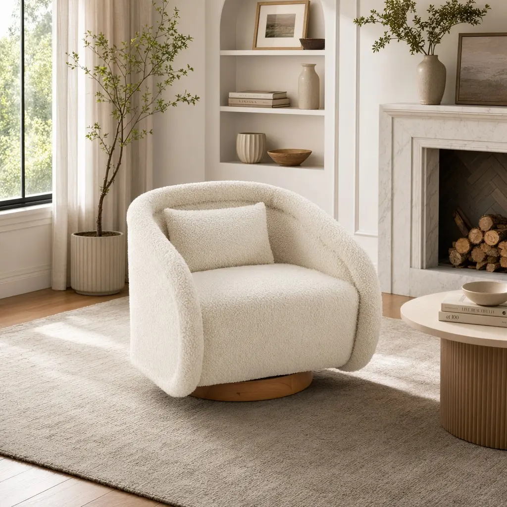 ARCH Swivel Accent Chair 360-Degree Teddy Upholstered Pumpkin-Shaped Barrel Chair with High Density Foam and Rubber Wood Base Comfy Armchair for Living Room Bedroom Office White, White Color Options, Fabric/Foam+Spring/Rubber Wood Material, Swivel Chairs,