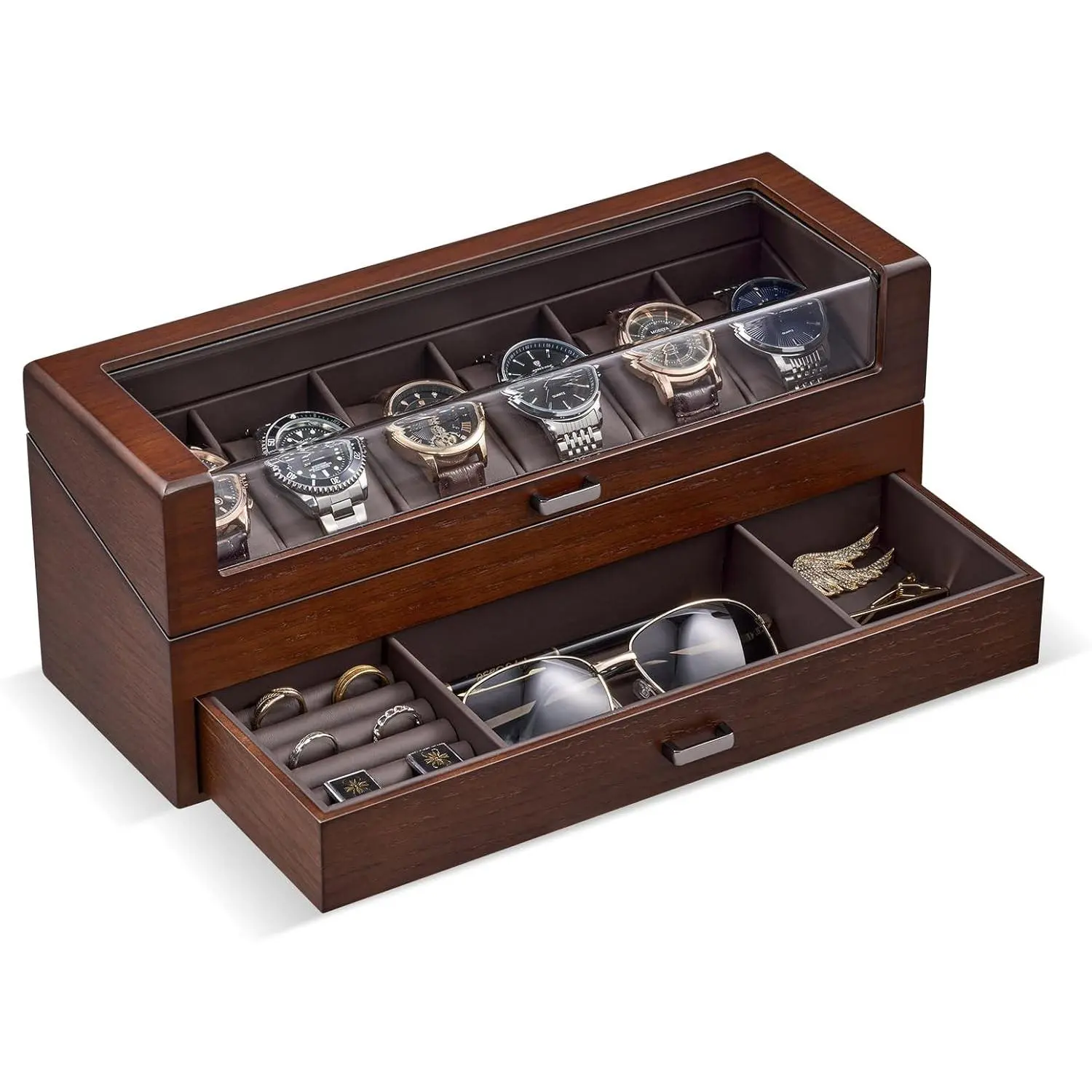 High-End 2-Layer Wooden Watch Box for Men, 6-Slot Watch Display Case with Drawer, Jewelry Organizer, Walnut(Gift)