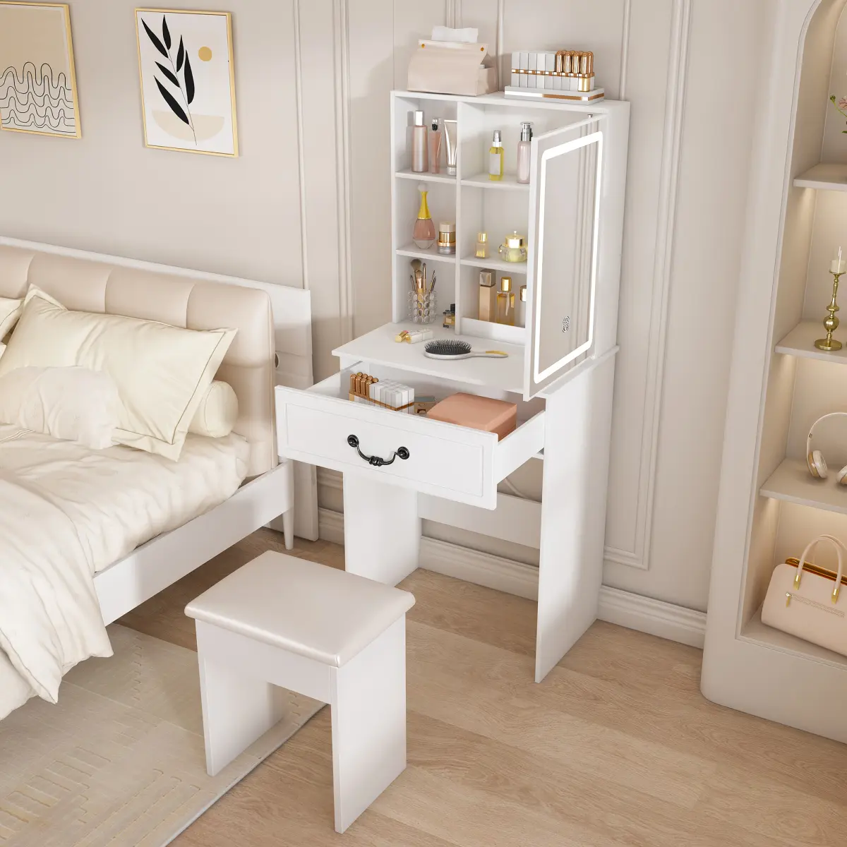 Mini Vanity Desk with Mirror and LED Lights, Small Makeup Vanity Table Set with Stool, Compact Dressing Table with Adjustable 3 Color Lighting, Hidden Storage Compartments & Multi Tier Shelves, Space Saving Beauty Station for Bedroom Apartment Dorm Room,