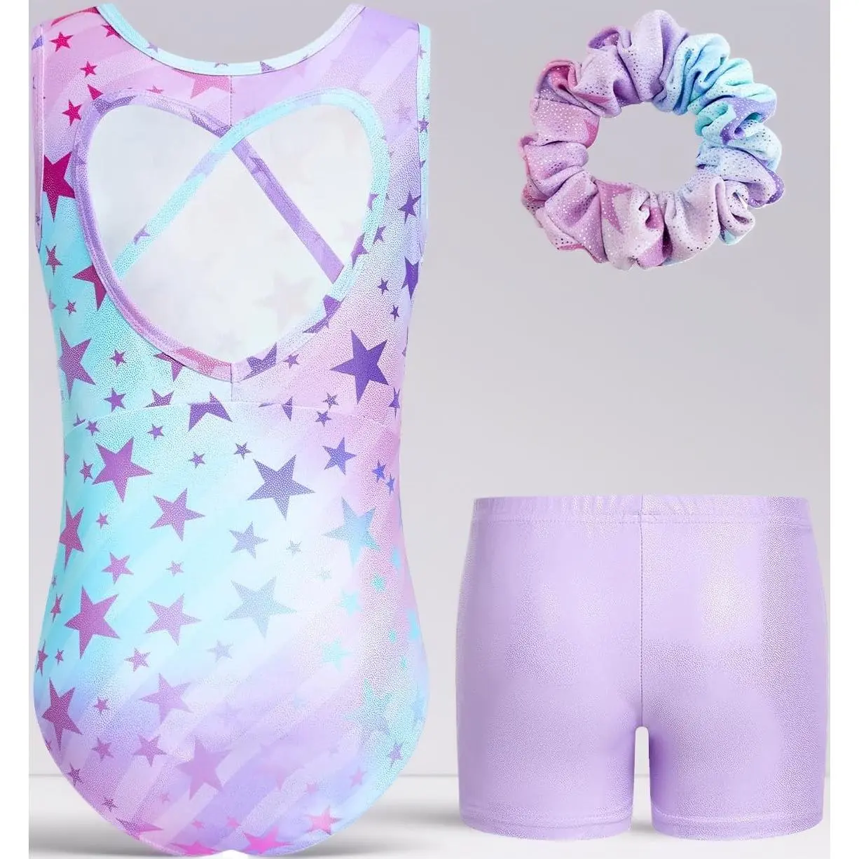 3pcs Girls Gymnastics Leotards with Shorts, Biketard Outfit with Heart Cutout Back,Tumbling Activewear for Ballet 3-12Y