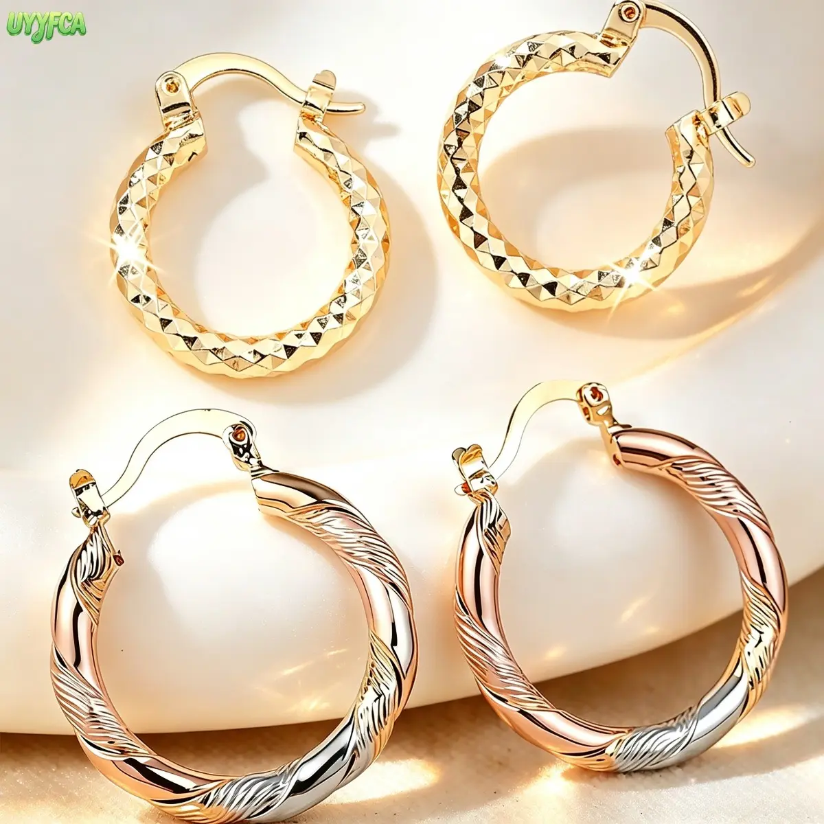 2 Pairs 14K Gold Plated Textured Hoop Earrings, Cut & Tri Color Twisted Round Huggie Hoops, Lightweight Anti Irritation Copper Minimalist Loop Jewelry, Dainty Everyday Accessory For Summer Vacation Daily Outfit Matching,Beach vacation
