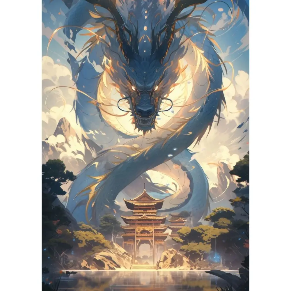 5D Full Round Drill Diamond Painting Kit Chinese Azure Dragon Ancient Pagoda Mountain Cloud Oriental Landscape Diamond Art Mosaic Wall Decor Gift for Adults