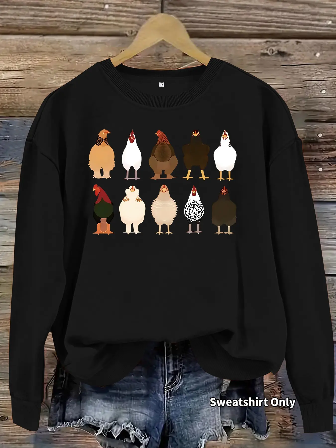 Women's Thanksgiving Chicken Print Round Neck Fleece Sweatshirt, Casual Long Sleeve Loose Fit, All Season Comfort