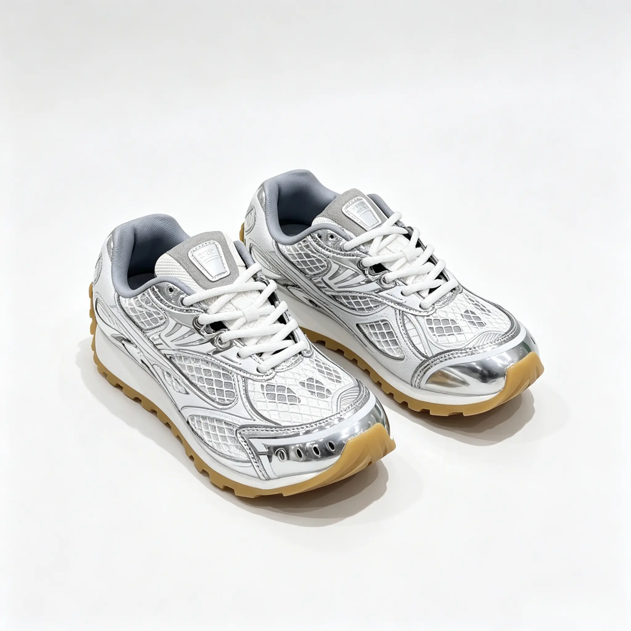 Women's Trendy White Silver Running Shoes - Anti-Slip Gum Thick Sole, Metallic Trim Retro Dad Style, Female Streetwear Footwear for Daily Wear, Custom Fit All-Seasons Sports Shoes, Running Shoes Women