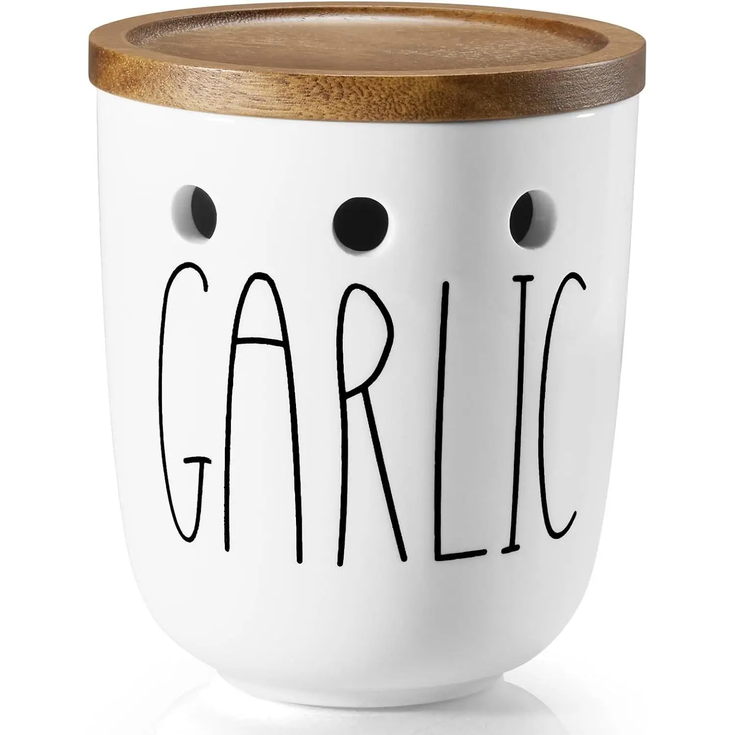 Ceramic Garlic Keeper for Counter, Garlic Holder with Acacia Wood Lid, Farmhouse Garlic Storage Container, Garlic Saver for Kitchen, White