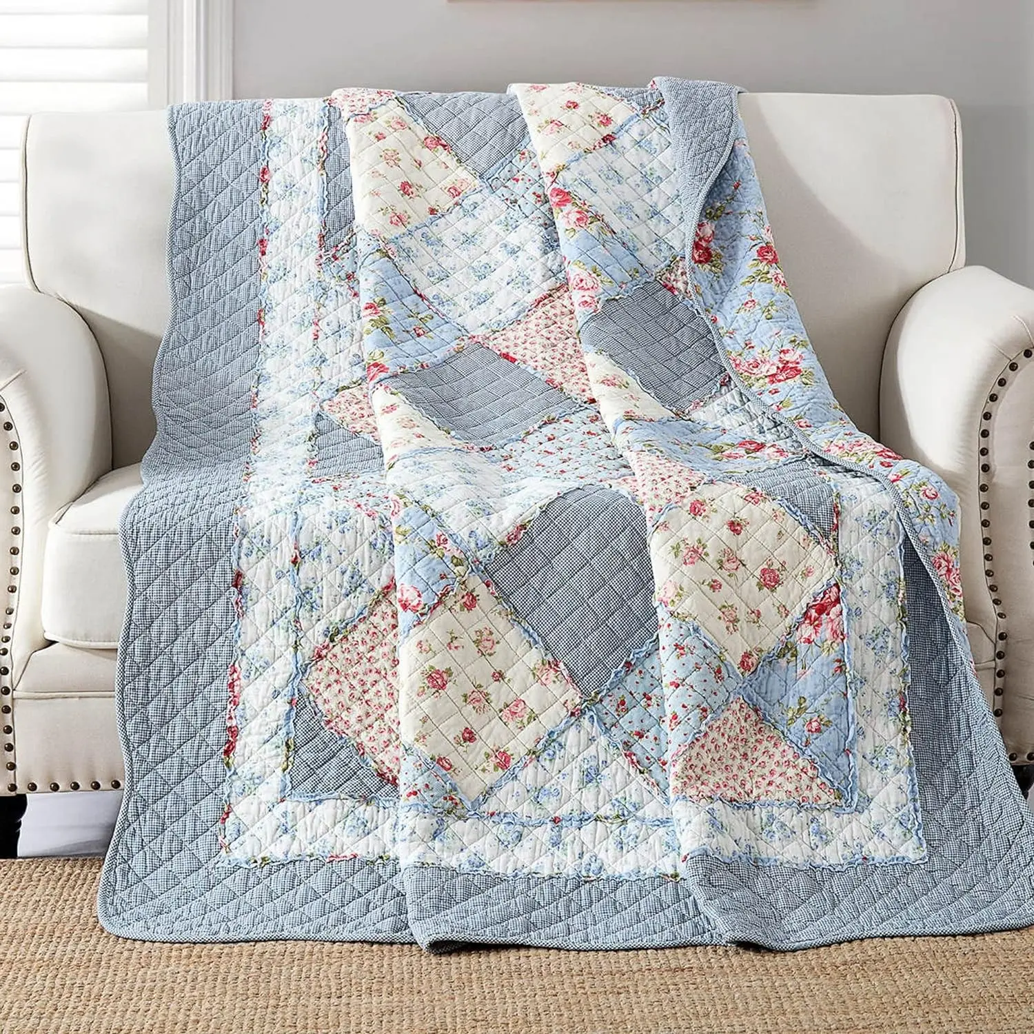 Twin Size Quilt Blue Cotton Floral Patchwork Quilted Throw Blanket Reversible Bedspread Coverlet for Couch Sofa Lightweight Soft Floral Vintage Garden Flowers Comforter Bed Cover Blanket