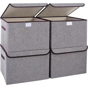Large 22 Quart Linen Fabric Foldable Storage Bin Cube Organizer Basket with Flip-Top Lid & Handles, Clothes Blanket Box for Home, Office, Closet, Gray, 4 Pack 14.6 x 9.5 x 9.5”