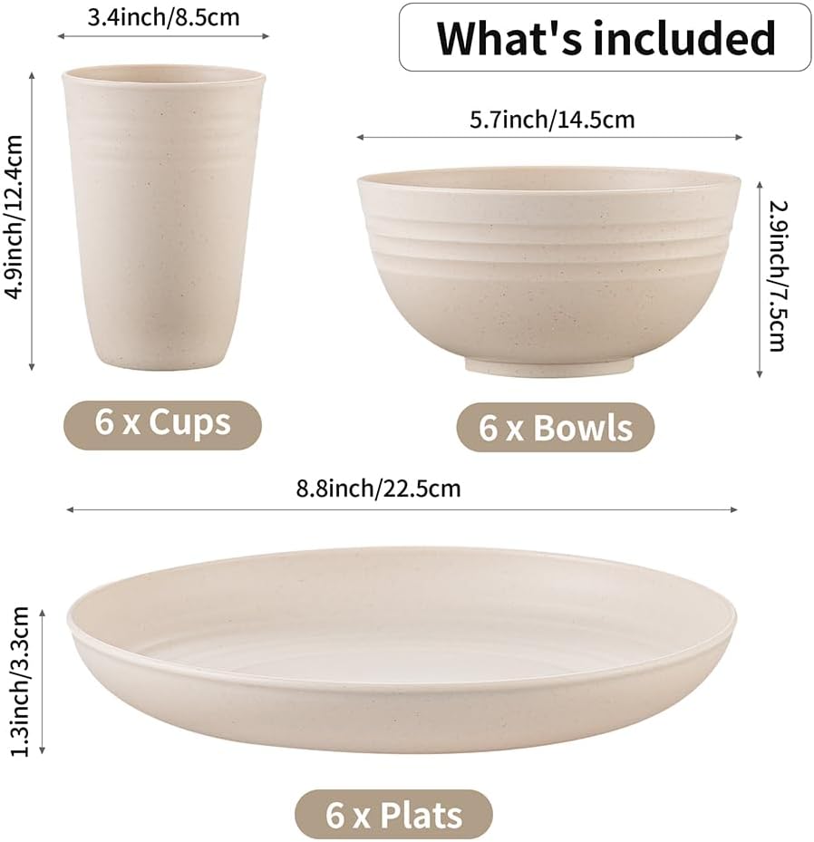 18 count Wheat Straw Dinnerware Sets Unbreakable Dinnerware Set Lightweight Dish Set Cups Plates and Bowls Set Microwave and Dishwasher Safe Dishware Sets