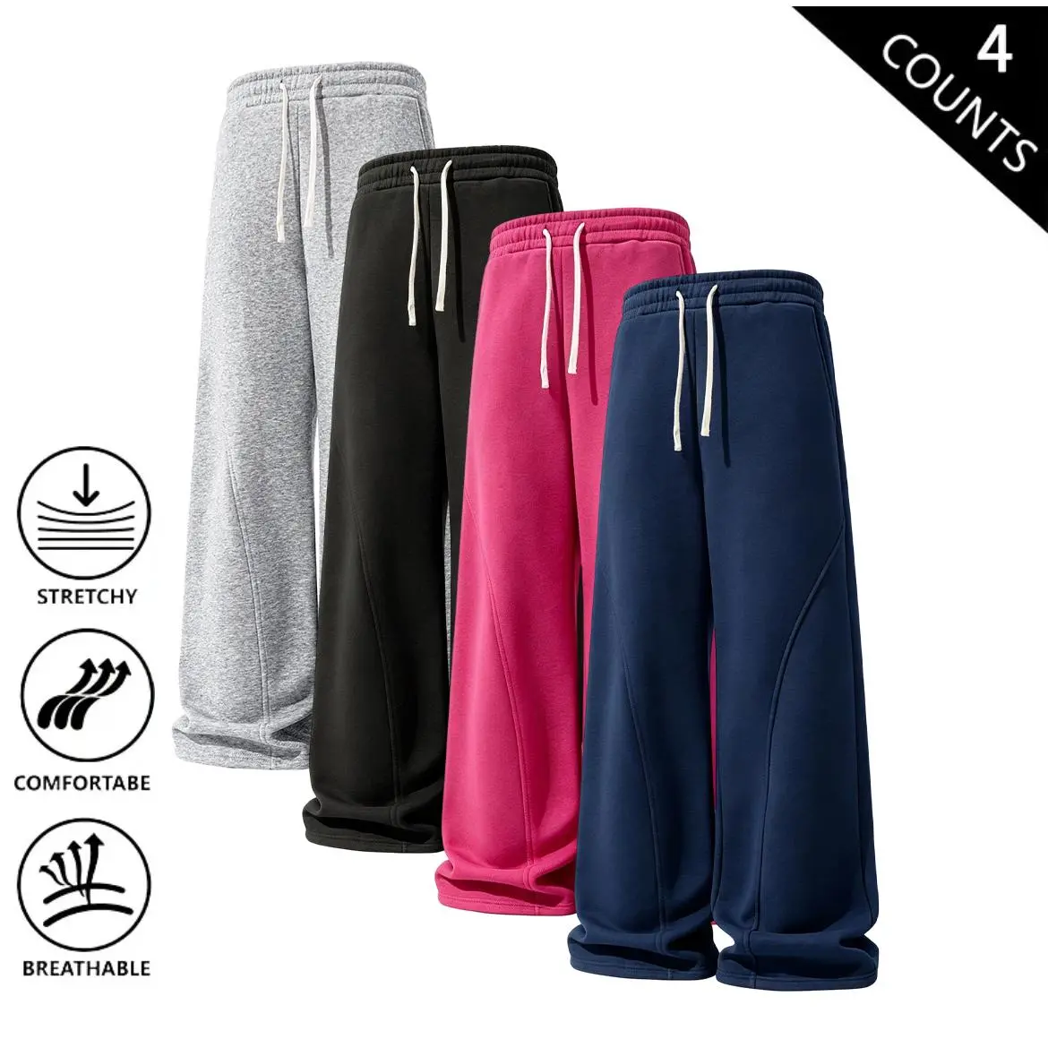 Soft cotton wide leg sweat trousers with elastic drawstring waist, loose draped silhouette and neat panel stitching, stretchy breathable fabric, versatile casual bottom for modern everyday mensfashion matching.