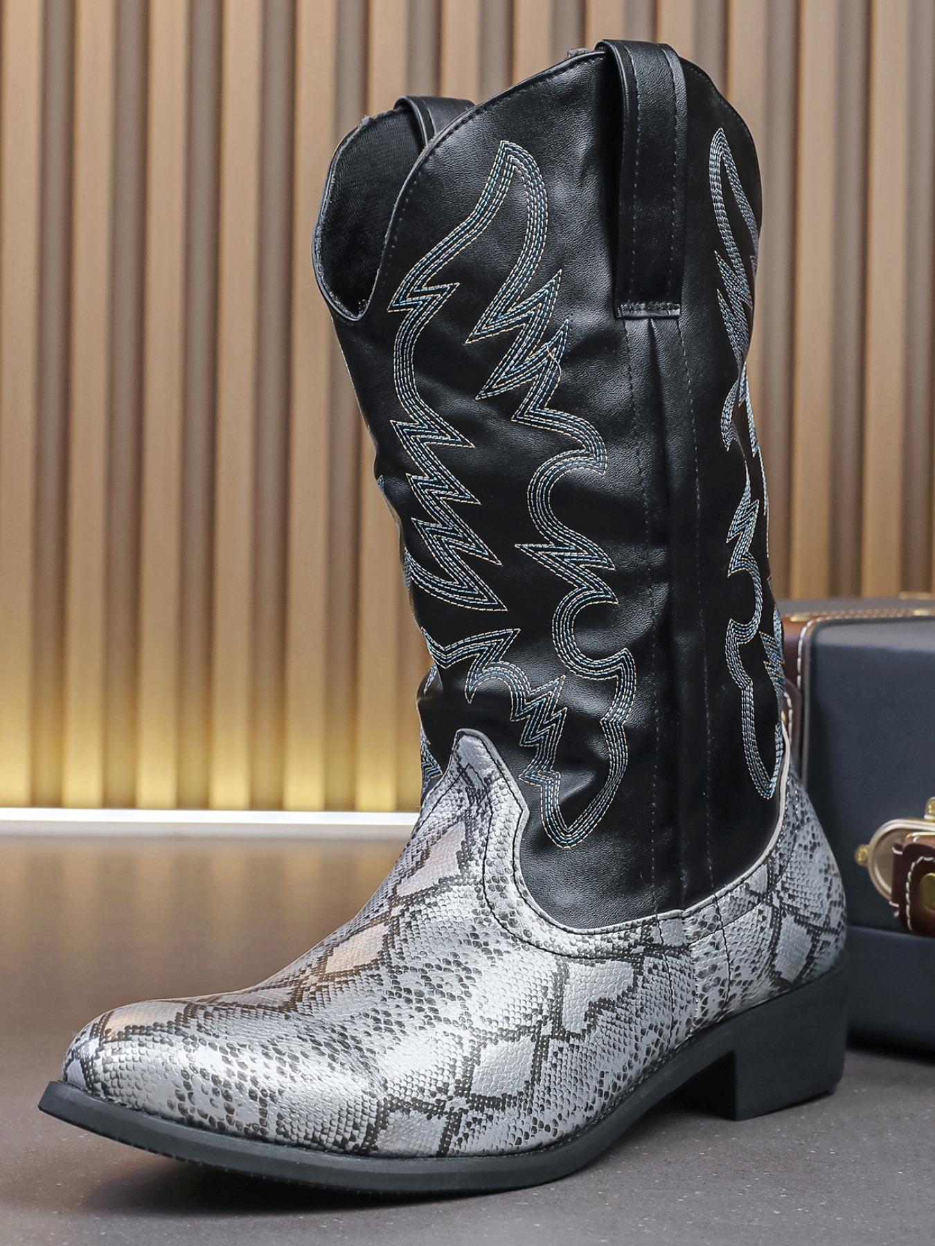 Men's Fashionable Snakeskin Print Embroidering Design Boots, Punk Style Cowboy Boots for Daily Wear, Western Embroidered Boots, Fashion Vintage Shoes for Party, Daily Clothing Decor Footwear