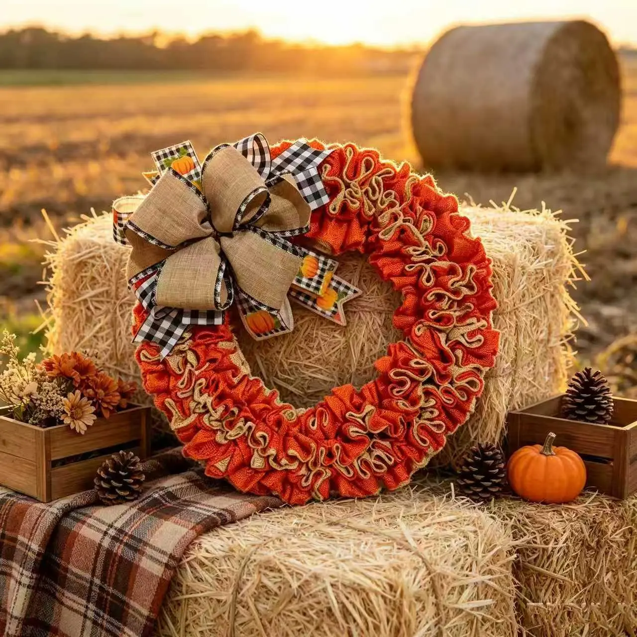 Thanksgiving Harvest Theme Burlap Wreath, Pleated Hemp Wreath with Buffalo Check Pumpkin Bow, Fall Front Door Decor