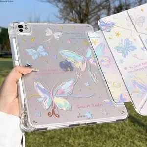 Ins Secret Garden Butterfly Y-Fold iPad Protective Case, Shockproof Clear Acrylic Tablet Cover with Built-in Apple Pencil Slot, Compatible with iPad Air 5/Air 6 11 Inch, Multi-Angle Stand Girly Aesthetic Tech Accessory