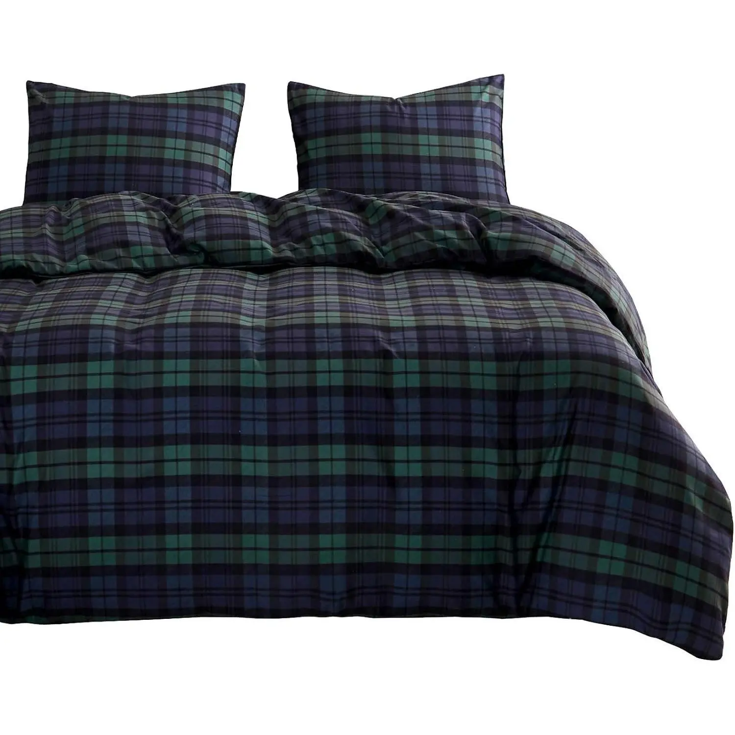 Plaid Comforter Set, Scottish Tartan Check Geometric Modern Pattern Printed, Soft Lightweight Bedding, 3 Pieces, Dark Green, Full Size