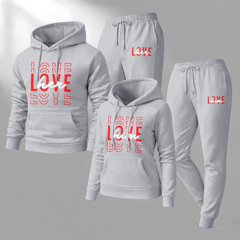 Couple's “LOVE her” and “LOVE him” Print Hoodie and Sweatpants Set, Casual Sportswear, Long-Sleeve Hooded Jacket and Pants, Suitable for Autumn, Winter, and Spring, Everyday Wear, Tracksuit
