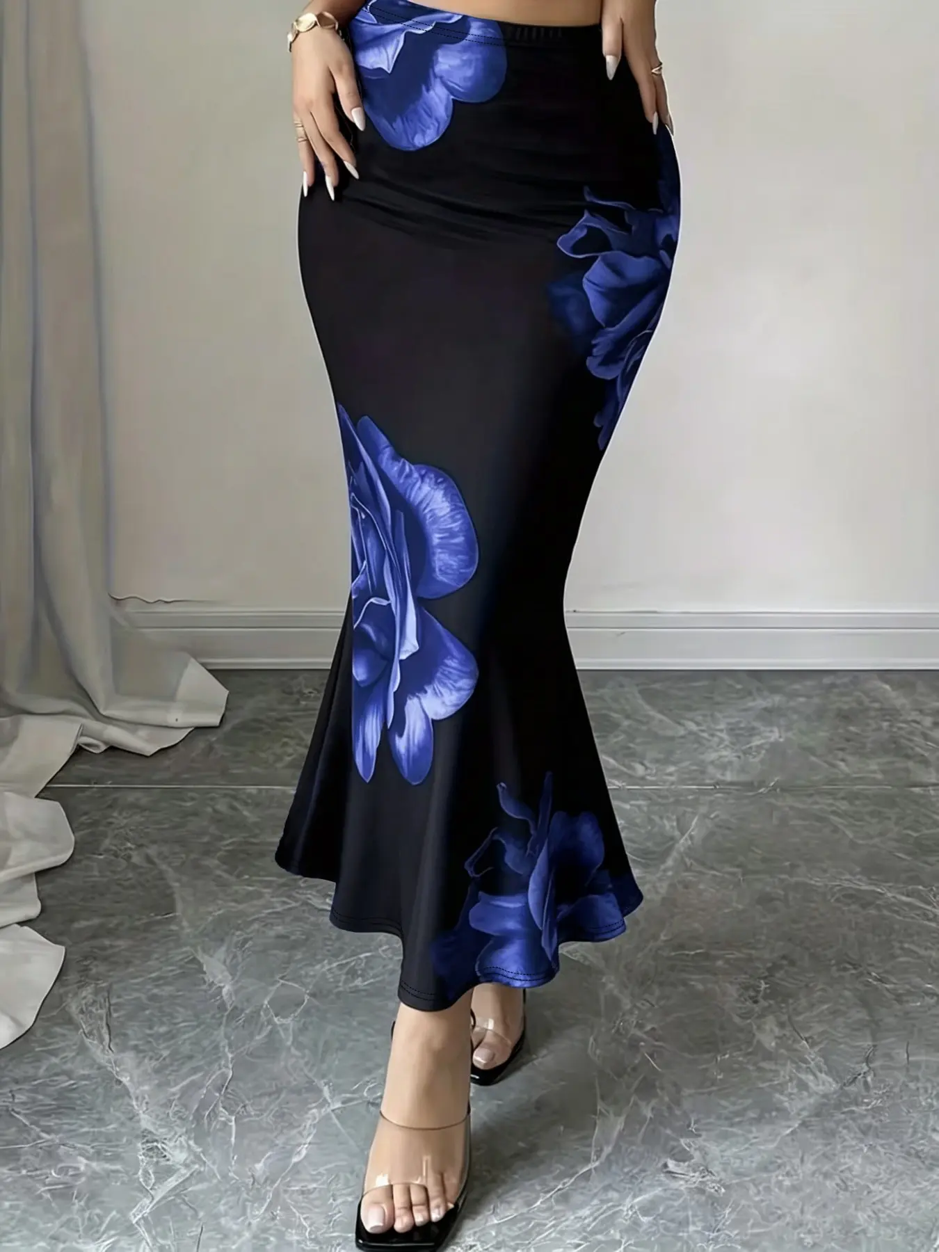 Women's Blue Floral Print Fish Tail Skirt, Elegant Long Stretch Skirt, High Elasticity, Fit, Comfortable, Chic and Stylish, All Seasons Fashion