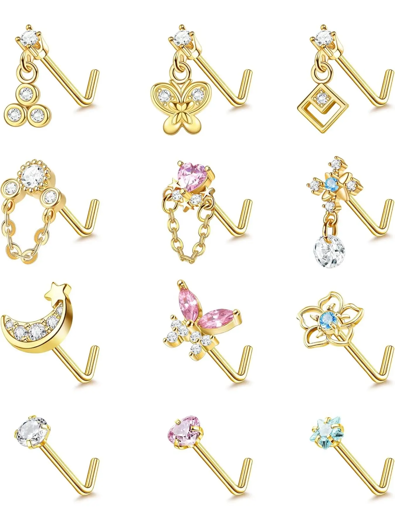 Morfetto 12 Pcs 20g Dangle Nose Rings for Women, Surgical Steel L-Shaped Screw Nose Rings, Heart Moon Star Flower Butterfly Cz Jewelry