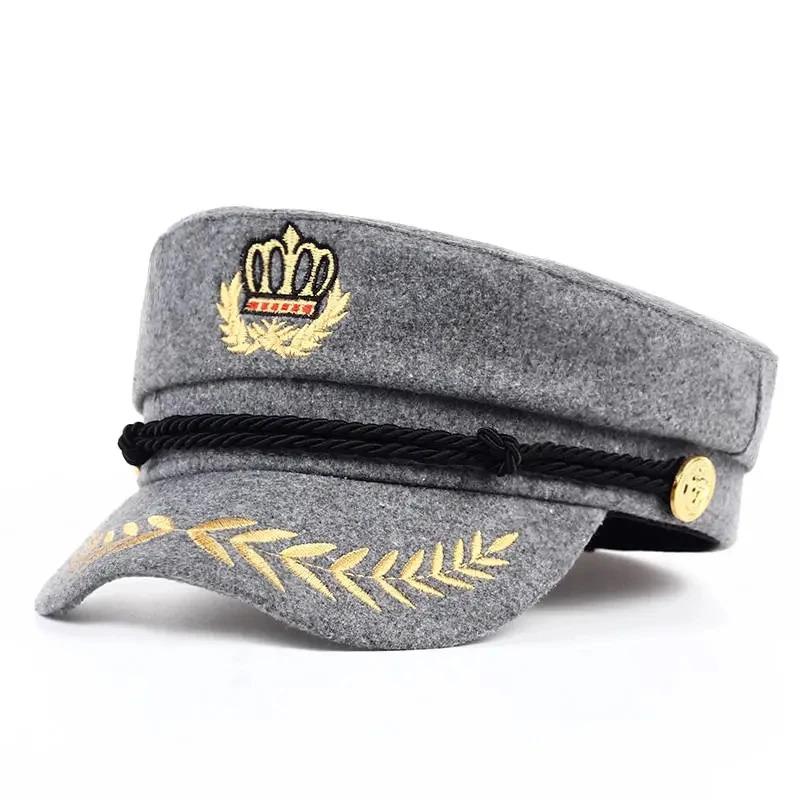 Unisex Crown Wheat Ear Navy Hat Spring Autumn Sailor Hats Men Flat Top Captain Military Caps Women Large Black Beret Caps