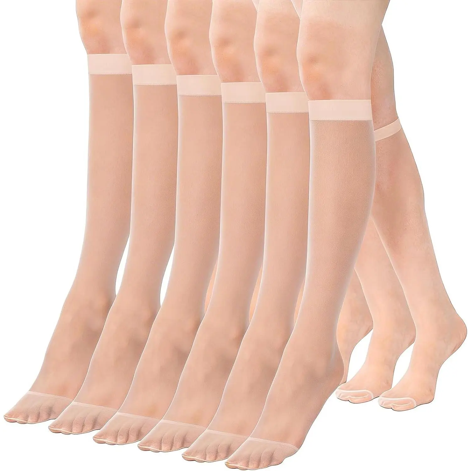 6 Pairs Knee High Stockings for Women, 15 Denier Sheer Nylon Socks with Reinforced Toe One Size