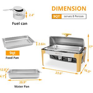 ROVSUN 1 Pack Roll Top Chafing Dish Buffet Set Gold Accent,NSF 9 Quart Rectangular Stainless Steel Chafer, Buffet Servers and Warmers Set Warming Tray for Wedding, Parties, Banquet, Catering Events