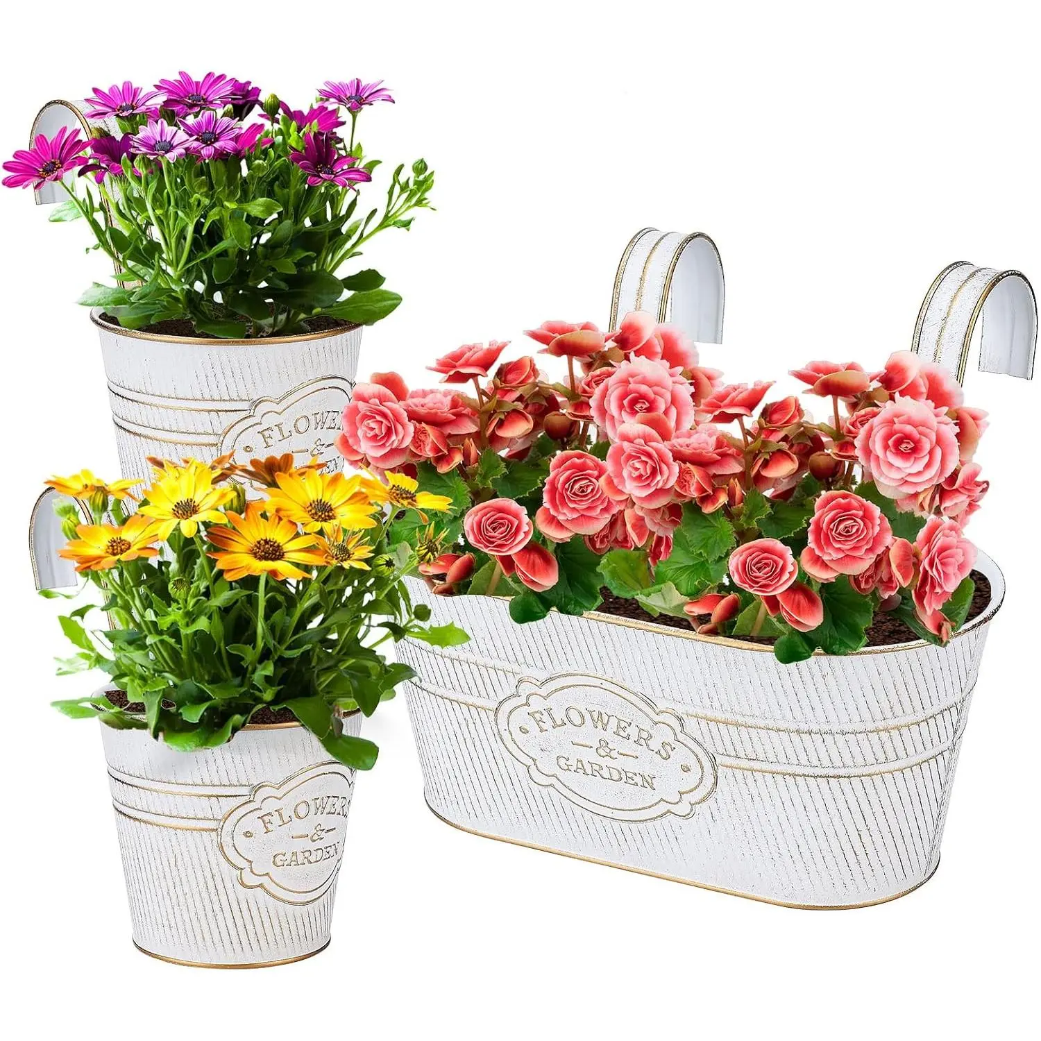3 Pack Metal Railing Planter Box Outdoor, 10.6"  Flower Pots with Detachable Hooks & Drainage Holes, Rail Planter Boxes for Balcony Deck Porch Fence Garden  Decoration, White
