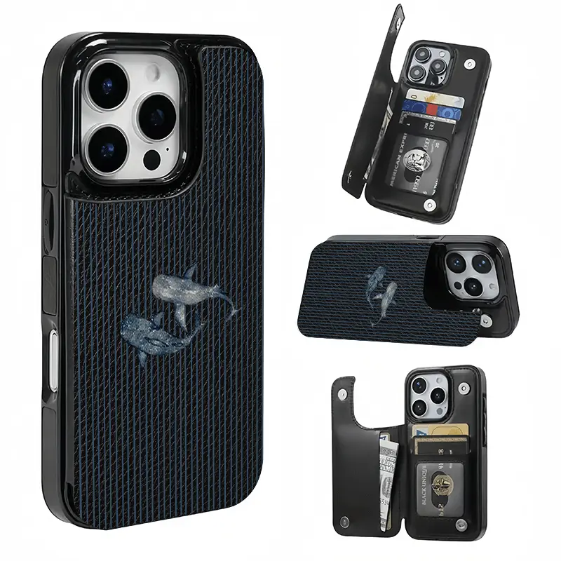 Striped Starry Whale Card Holder, This phone case features a card slot function, can store bank cards, transit cards and other cards, suitable for iPhone 17/16/15/14/13/12, and makes a great gift for girls.