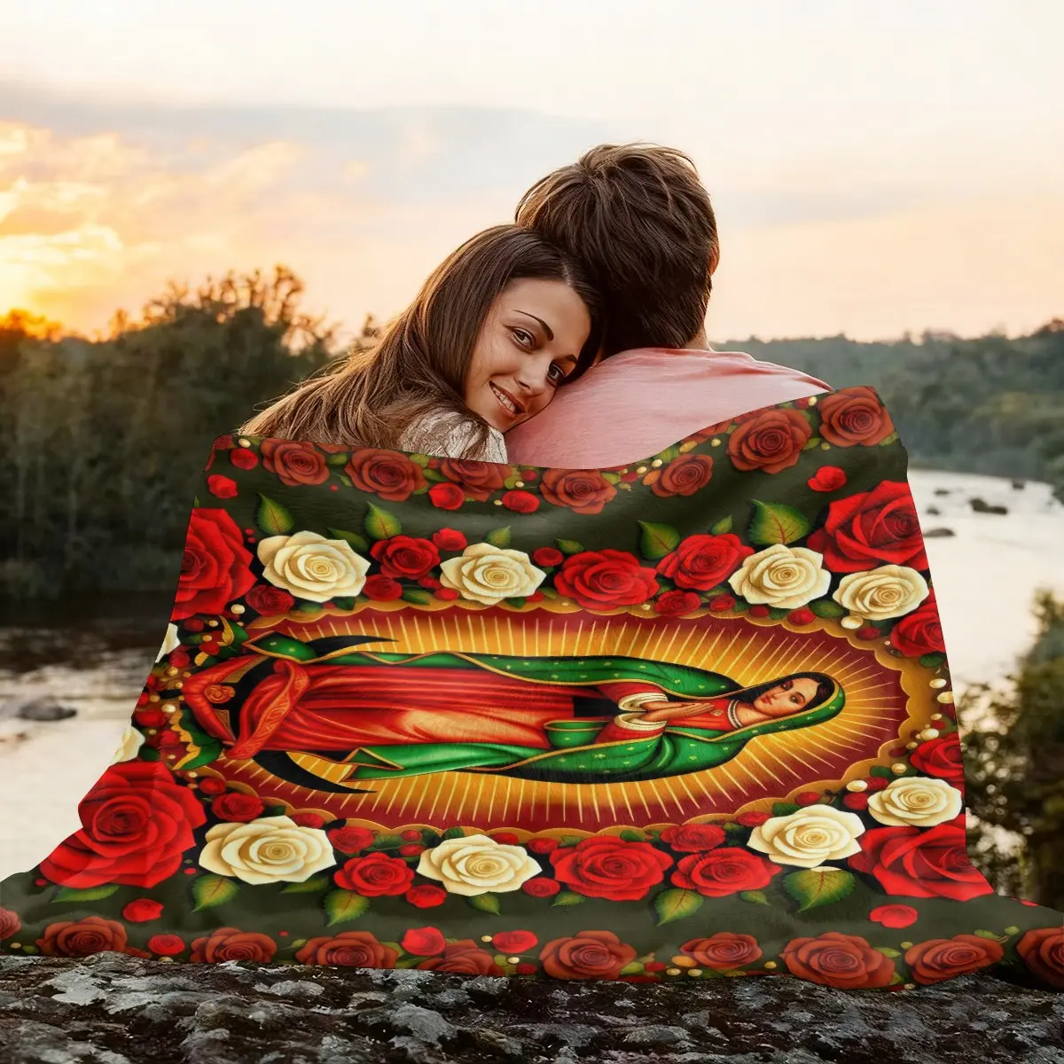 Mexican Guadalupe Virgin Rose Garland Flannel Blanket, Religious Prayer Living Room Sofa Decor Cover, Casual Style