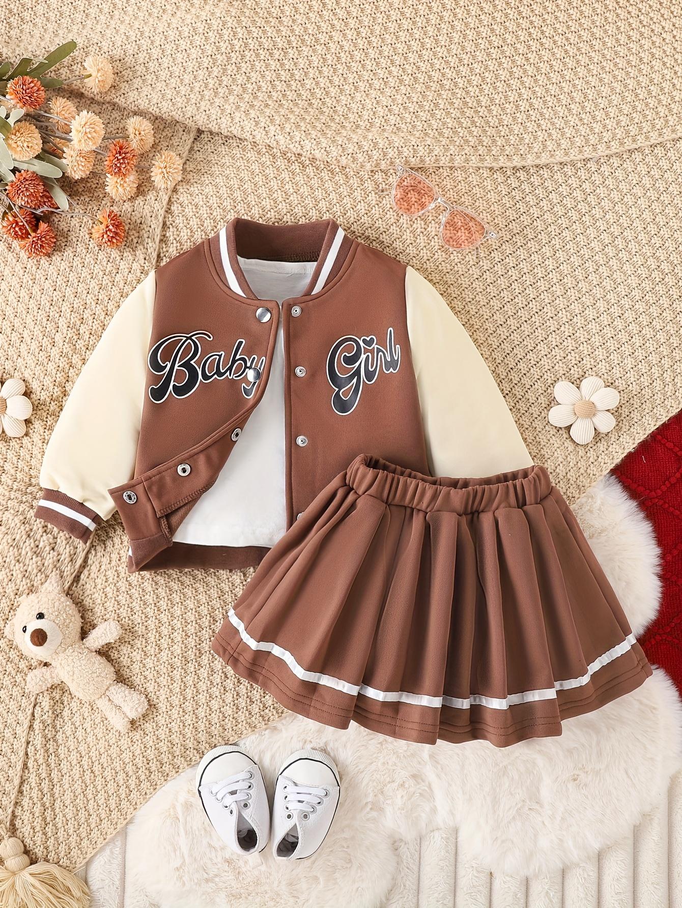 Kids Clothing Girls 2-Piece Preppy Look Set, Cotton Blend Baseball Jacket with Printed Letters + Pleated Skirt, Outdoor & Party Wear Gift