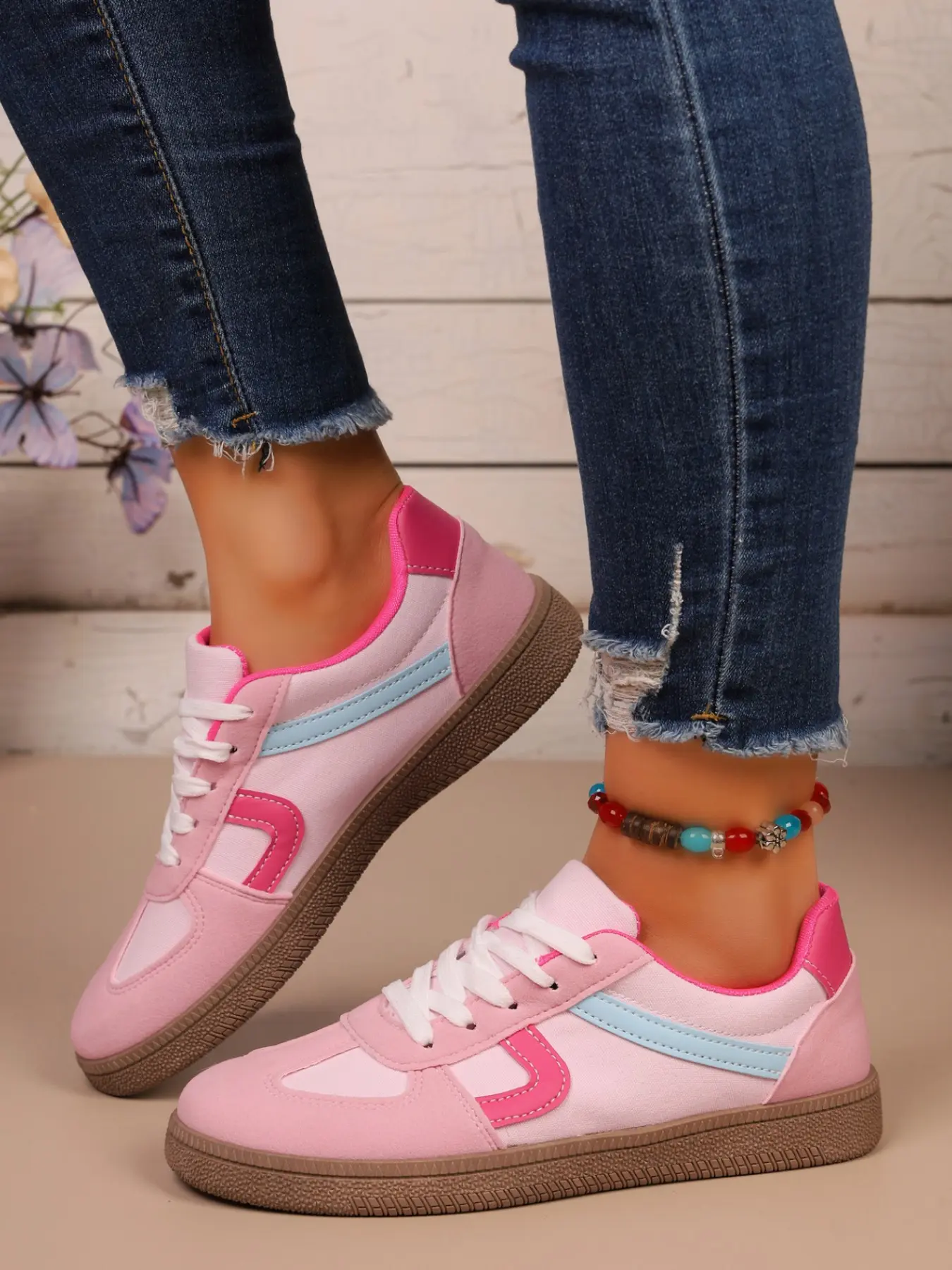 Women's Colorblock Patchwork Sneakers, Trendy Trainers, Spring Summer Campus Casual Lace-Up Shoes, Durable Rubber Sole, PU Upper Material