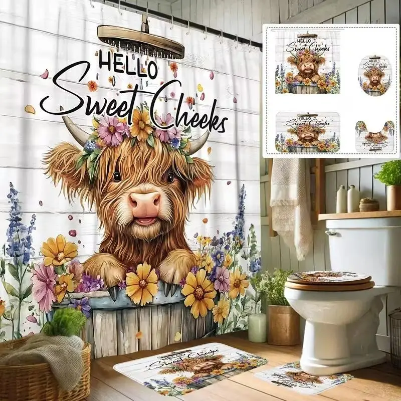 Highland Cow & Flower Bathroom 4-Piece Polyester Waterproof Set - Shower Curtain Art, Non-Slip Floor Mat, U-Shaped Carpet, Toilet Lid Cover, 12/24 Hanging Hooks, Garden-Inspired Decor Partition, Storage Bag, Highland Cow Charm