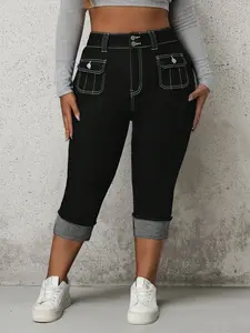 Women's Plus Size High Stretch Fitted Jeans, Slim-Fitting Design, Casual Chic Fashion Women's Pockets Denim Pants for All Seasons, Womenswear