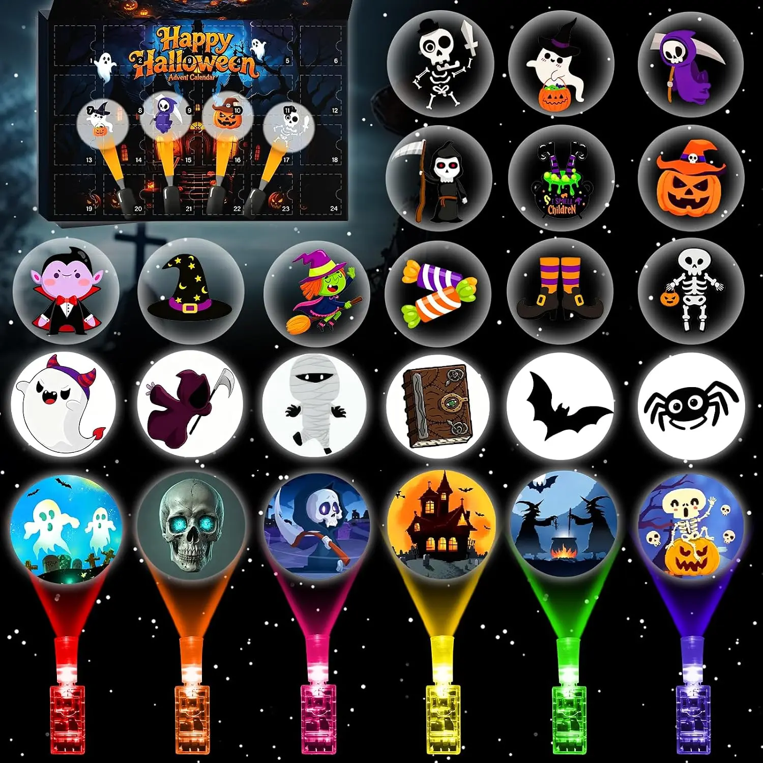 24pcs Halloween Advent Calendar Projector Flashlight Set Exclusive Design Spooky Pumpkin Ghost Blind Box Festival Decoration