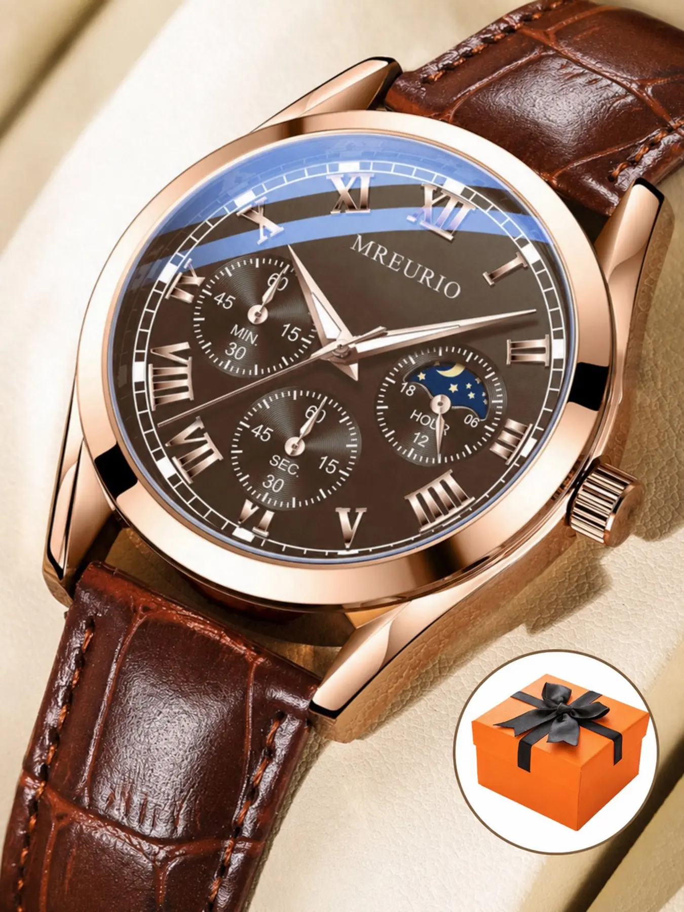 Men's Mreurio Analogue Quartz Watch, Rose Gold Case, Crocodile Strap, Roman Numerals, Moon Phase Dial, Business Casual, Gift Box Included