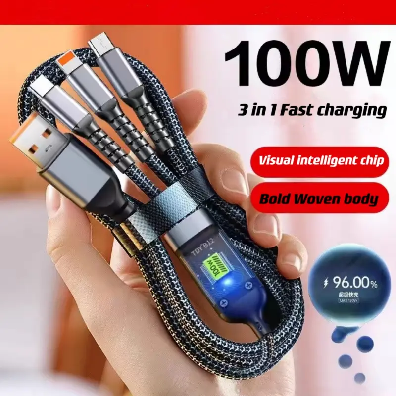 3 In 1 Android ios typec Max 100W fast charger Anti-breakage braided Cable Transparent light