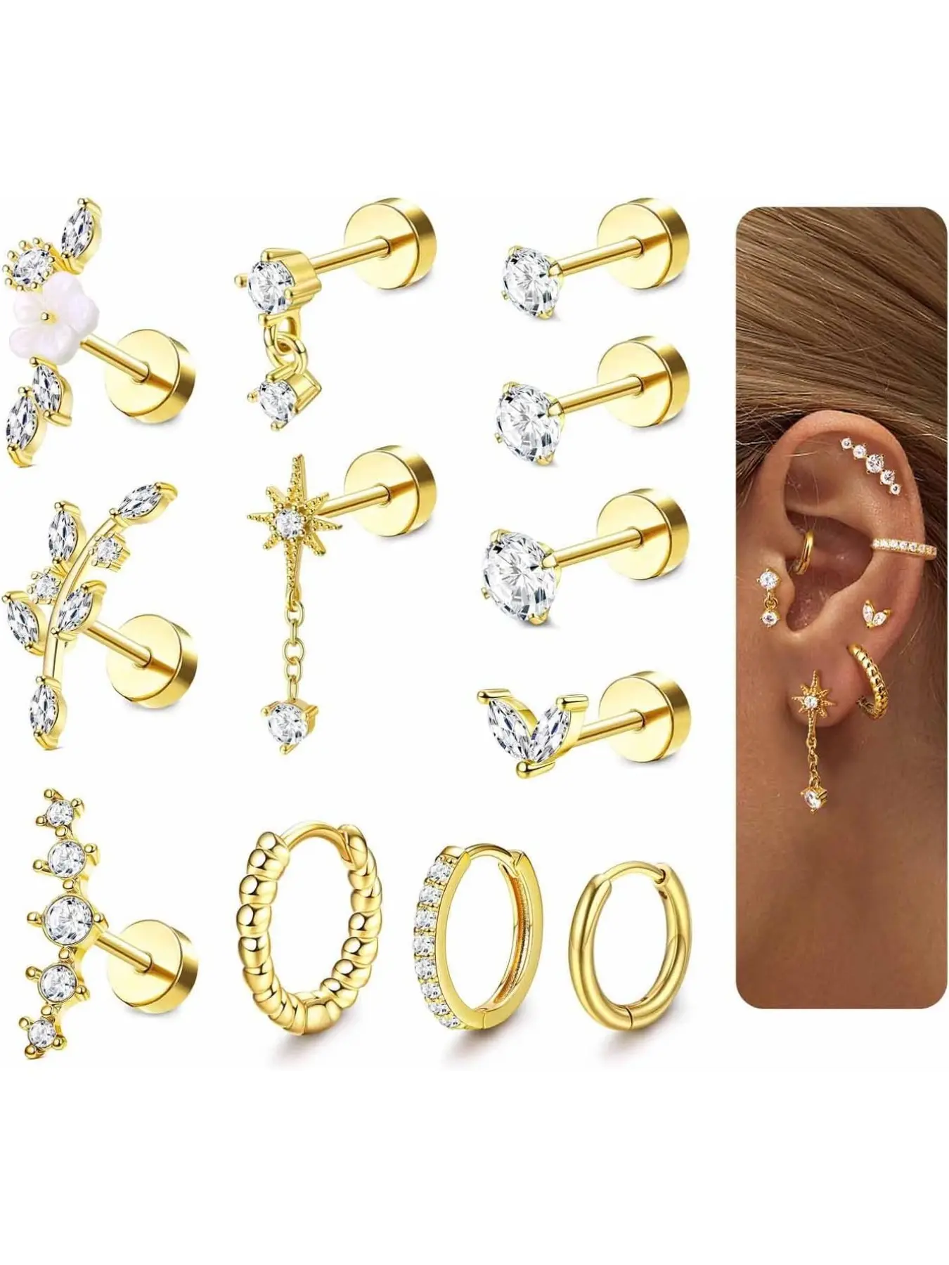 16 Gauge Hypoallergenic Stainless Steel Cartilage Fashion Jewelry Earrings, Flat Back Ear Cartilage Studs Hoop Set for Daith Conch Tragus Helix Piercing, Casual Rhinestone Design
