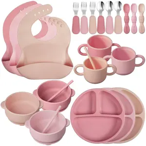 24 Pack Silicone Baby Feeding Set Baby Led Weaning Essentials Suction Divided Plate Bowl Spoon Fork Adjustable Bib Snack Cup Straw 6+ Months(Dark Pink, Dusty Pink, Peach Color)