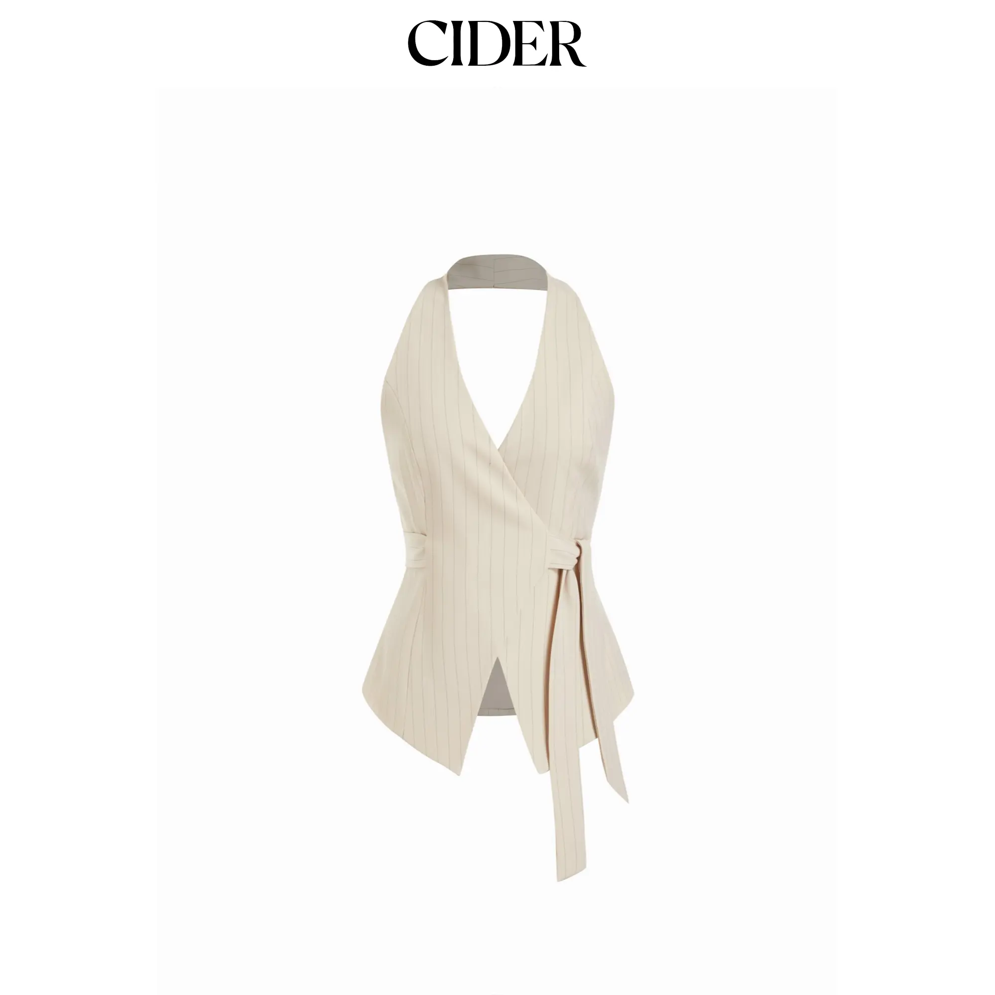 Cider Striped Halter Neckline Twist Knotted Longline Blazer Vest