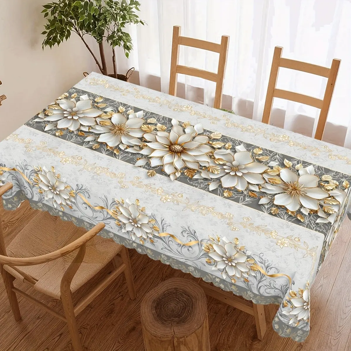 Luxury-lite grey gold platinum magnolia floral lace tablecloth, water-resistant and stain-resistant reusable square tablecloth, suitable for decoration in living rooms, dining rooms and hotels